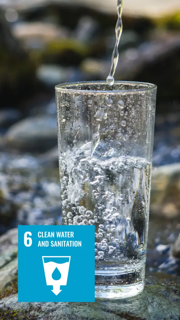 Glass of water being filled against a natural backdrop, with a logo in the corner representing the sixth Sustainable Development Goal by the United Nations, Clean Water and Sanitation.