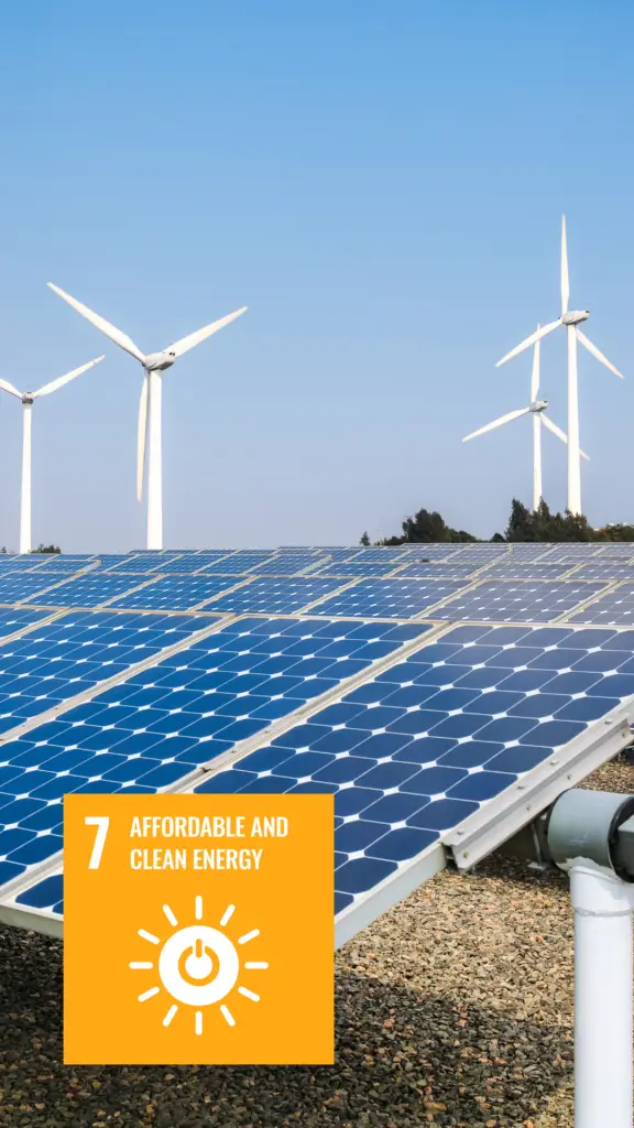 Solar panels and wind turbines under a clear blue sky, with a logo in the corner representing the seventh Sustainable Development Goal by the United Nations, Affordable and Clean Energy.